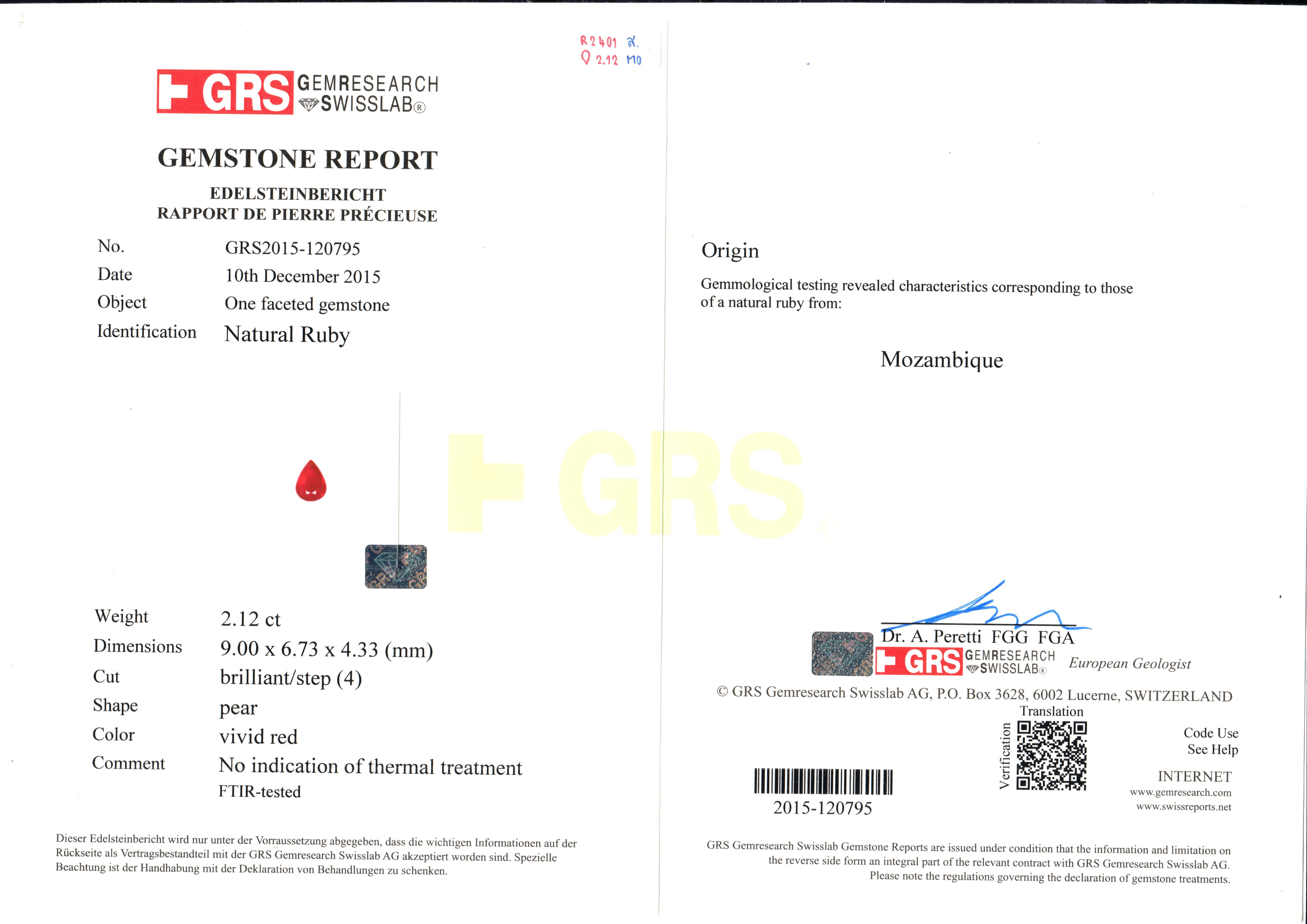 Рубин, MOZAMBIQUE, UNHEATED, Груша, 2,12ct