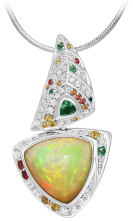 Подвес с опалом, бриллиантами, сапфирами и изумрудами, белое золото