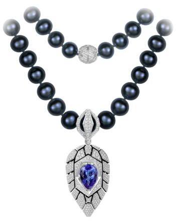 Колье с танзанитом, бриллиантами и жемчугом, белое золото