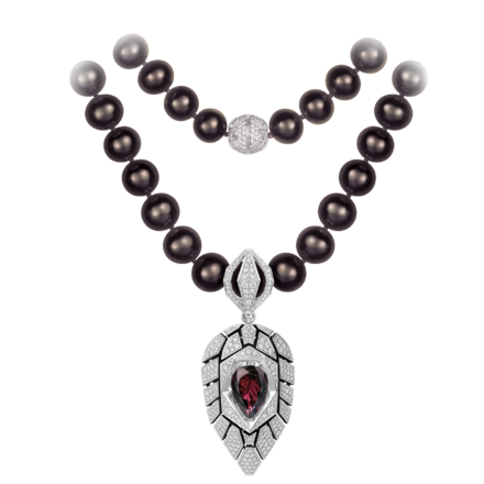 Колье с турмалином, бриллиантами и жемчугом, белое золото