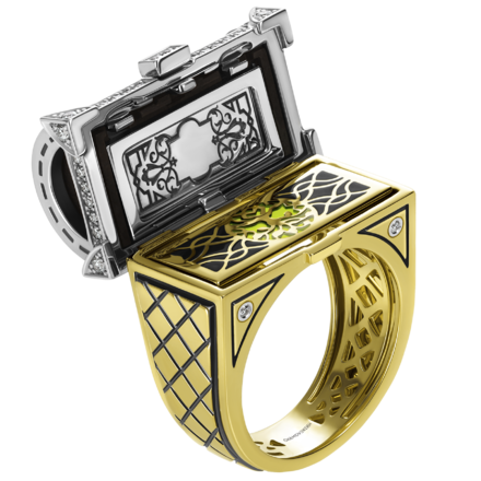 Кольцо с изумрудом и бриллиантами, жёлтое и белое золото, эбеновое дерево 2
