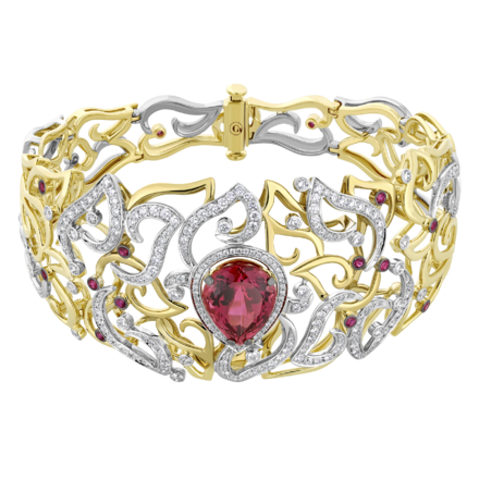 Браслет с рубеллитом, бриллиантами и рубинами, желтое и белое золото