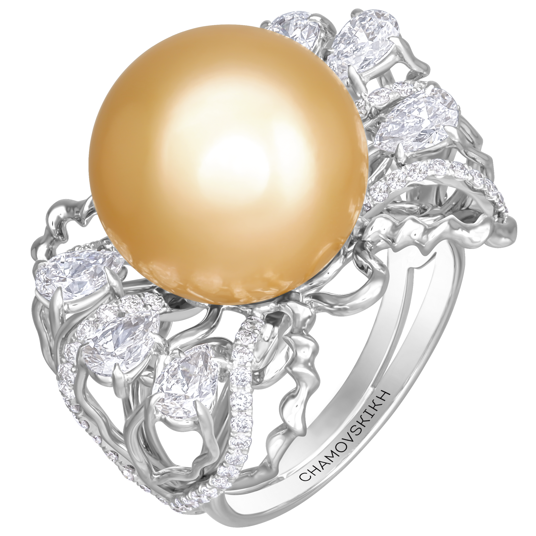 Кольцо с золотым жемчугом и бриллиантами, белое золото