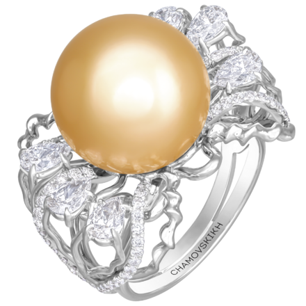 Кольцо с золотым жемчугом и бриллиантами, белое золото