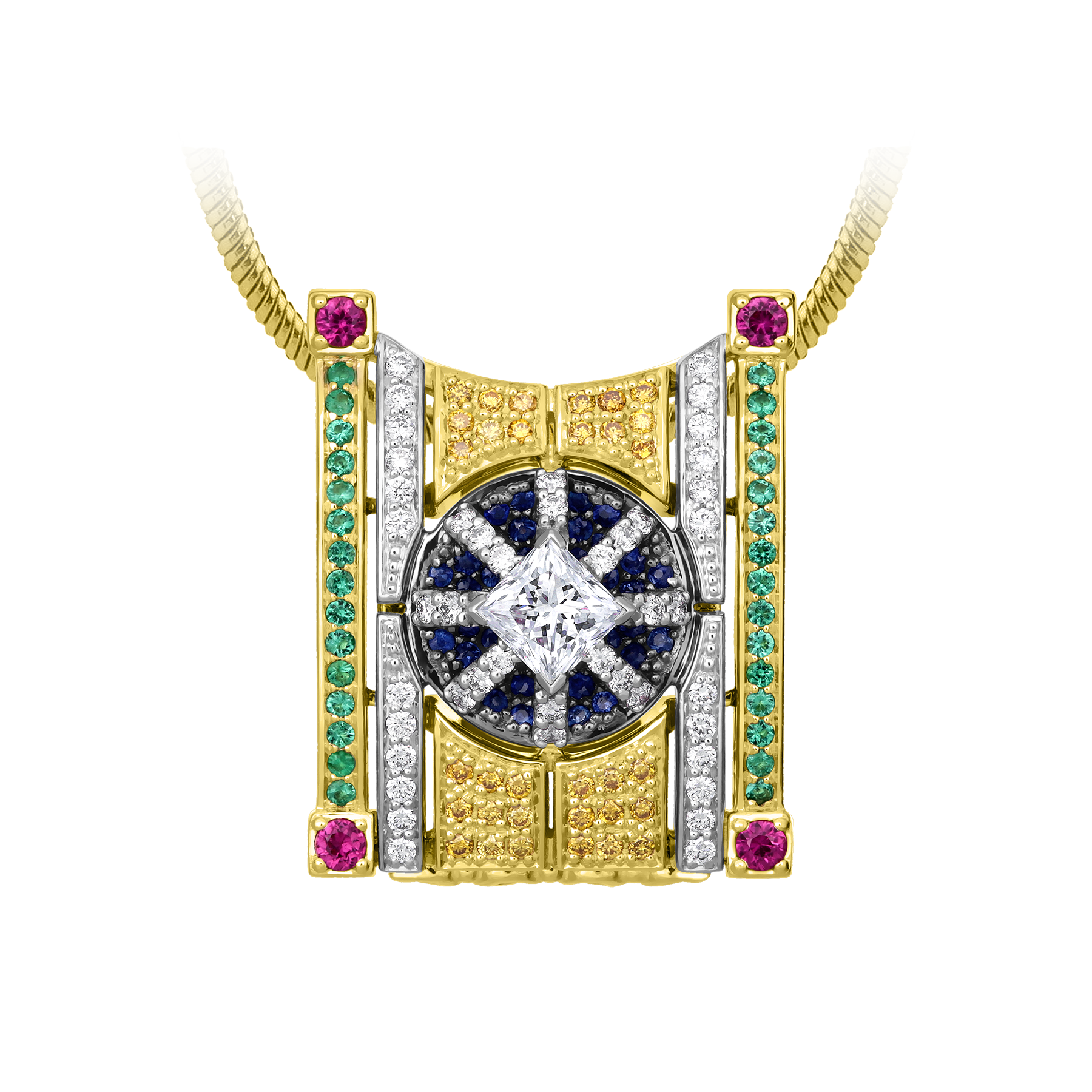 Подвес с бриллиантами, изумрудами, сапфирами и рубинами, жёлтое и белое золото