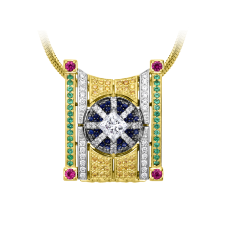 Подвес с бриллиантами, изумрудами, сапфирами и рубинами, жёлтое и белое золото