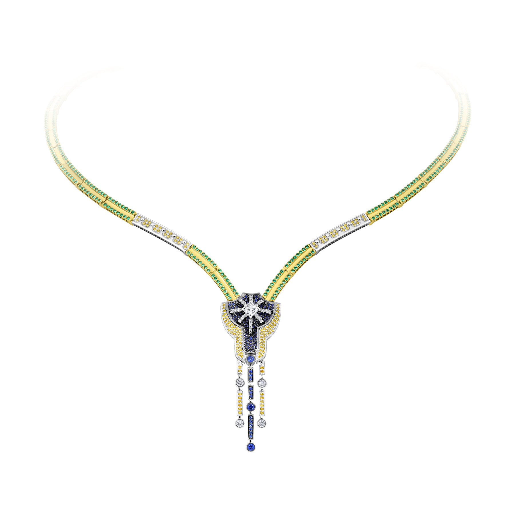 Колье с бриллиантами, изумрудами и сапфирами, жёлтое и белое золото