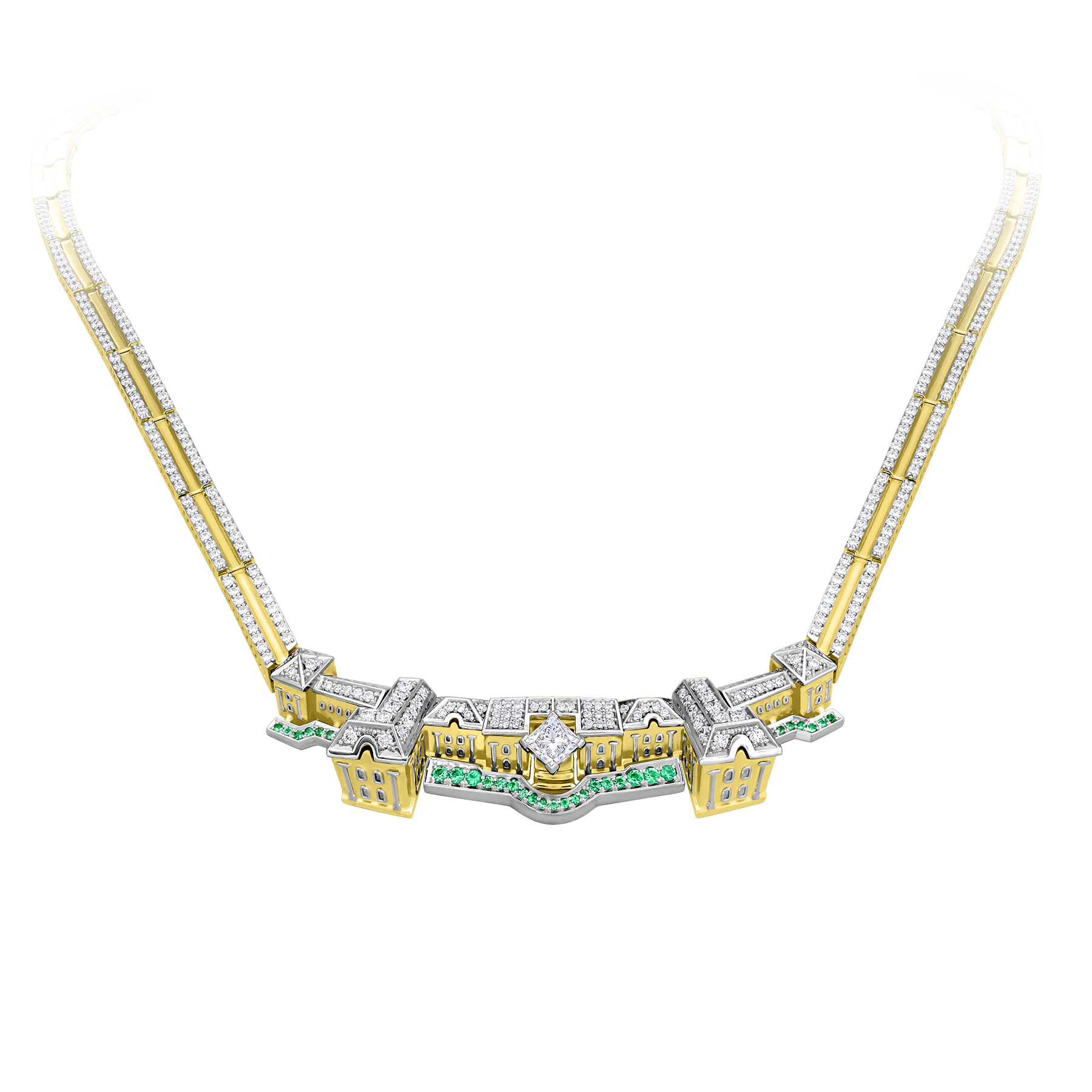 Колье с бриллиантами и изумрудами, желтое золото