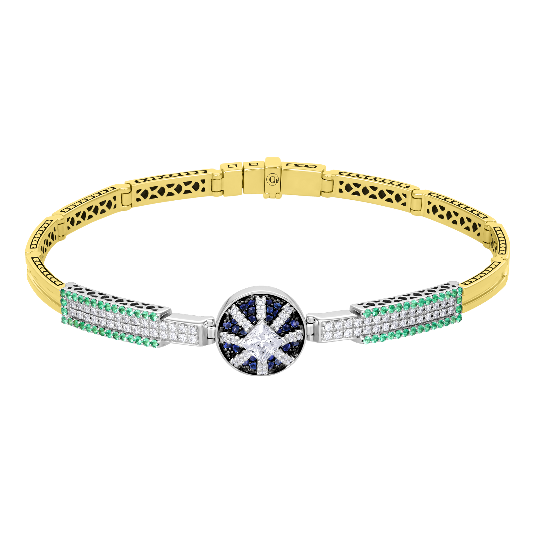 Браслет с бриллиантами, изумрудами и сапфирами, жёлтое и белое золото