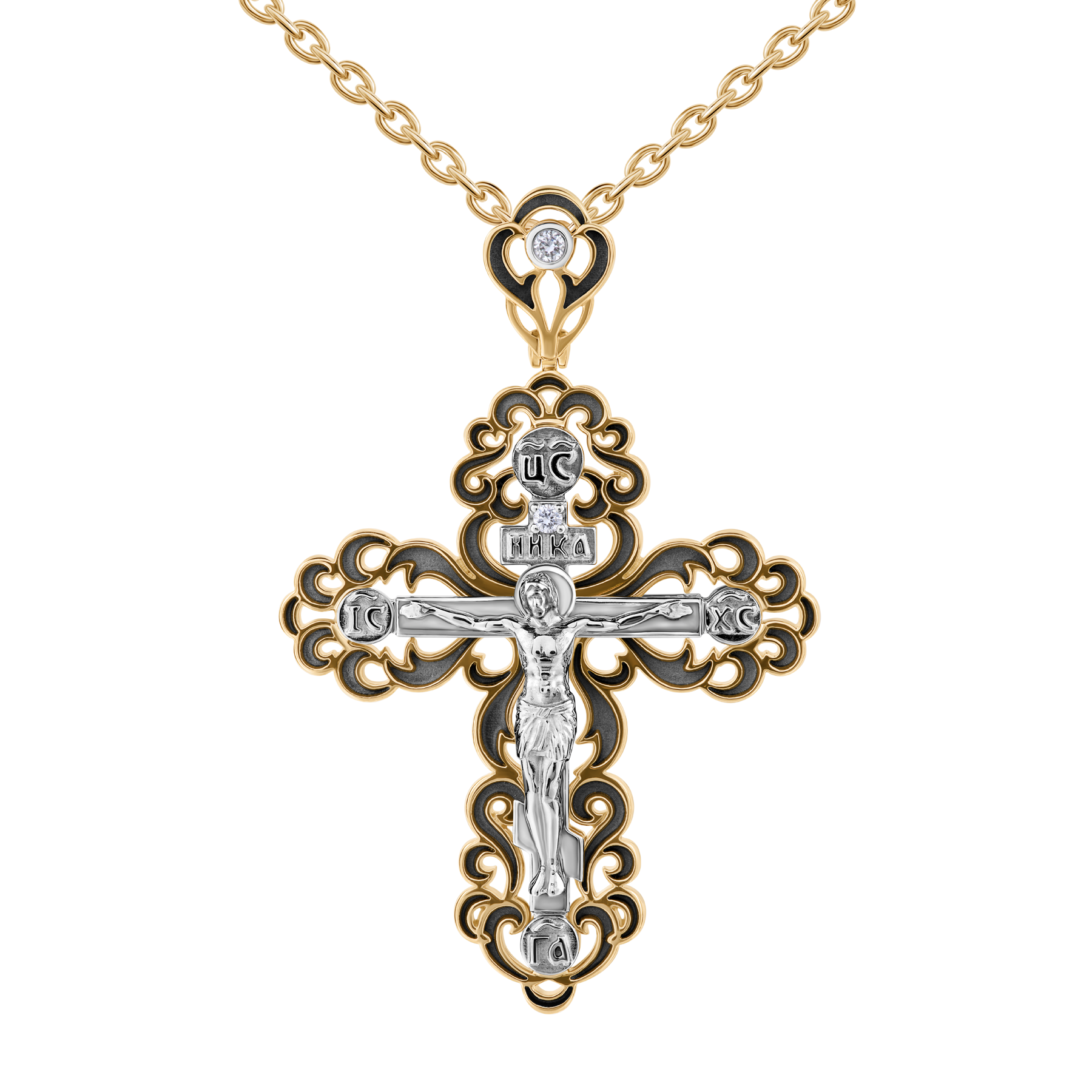 Крест с бриллиантами, красное и белое золото