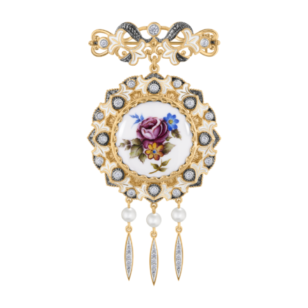 Брошь с бриллиантами и жемчугом, жёлтое золото, финифть