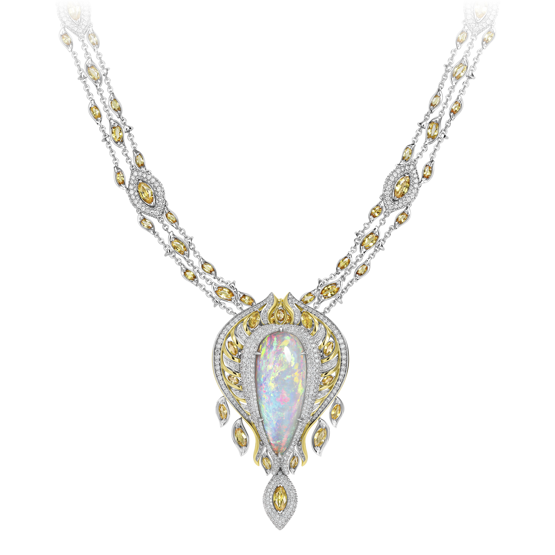 Колье с бриллиантами и желтыми сапфирами, белое золото