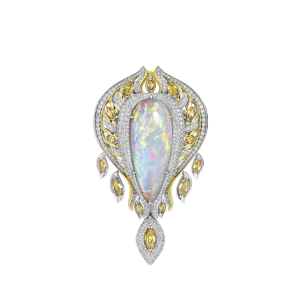 Подвес - брошь с опалом желтыми сапфирами и бриллиантами, жёлтое и белое золото, н.керамика