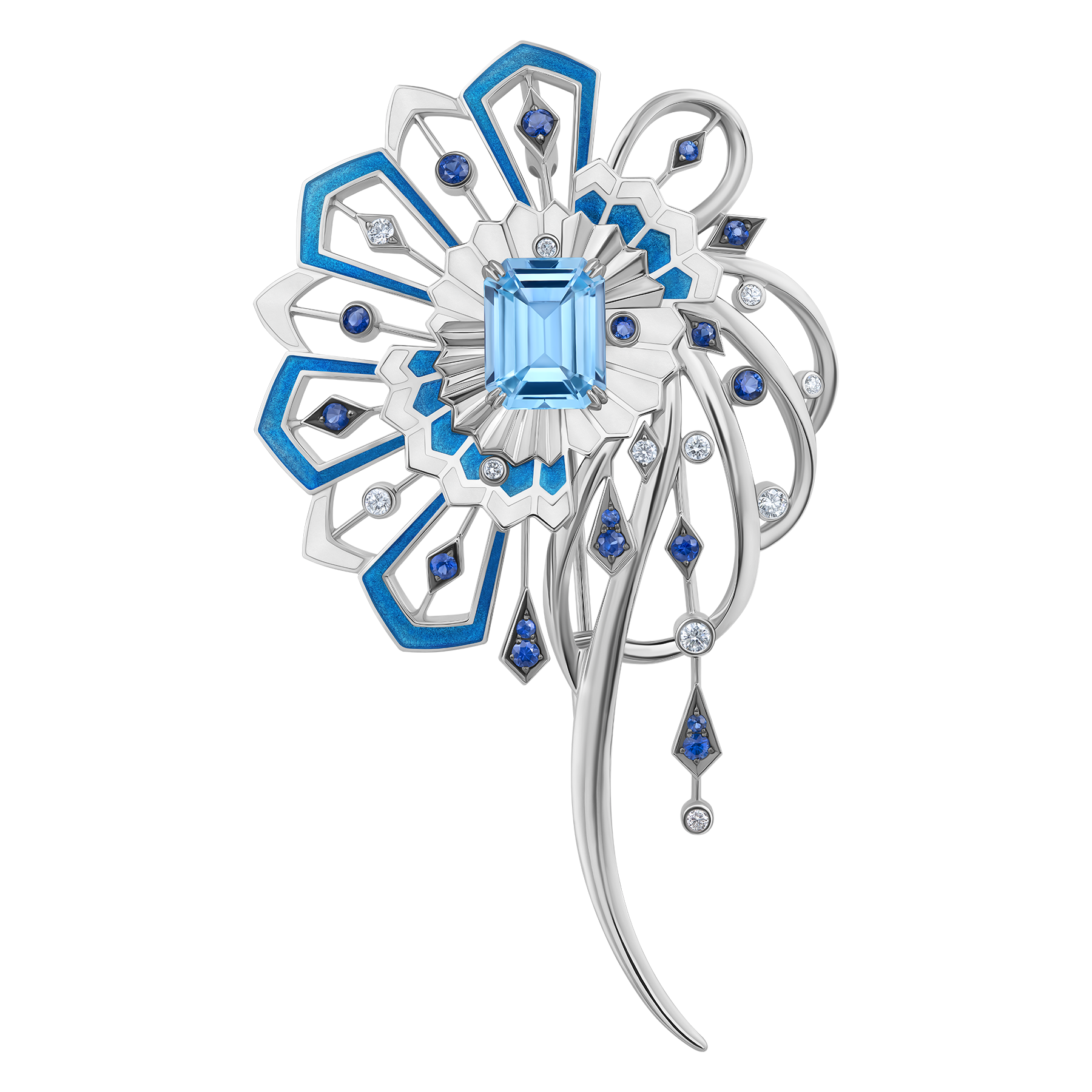 Брошь с топазом, бриллиантами и сапфирами, белое золото, н.керамика