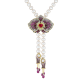 Сет с рубинами, бриллиантами, розовыми сапфирами и жемчугом, жёлтое и белое золото