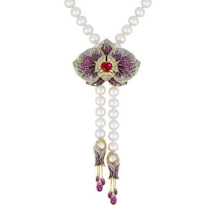 Сет с рубинами, бриллиантами, розовыми сапфирами и жемчугом, жёлтое и белое золото