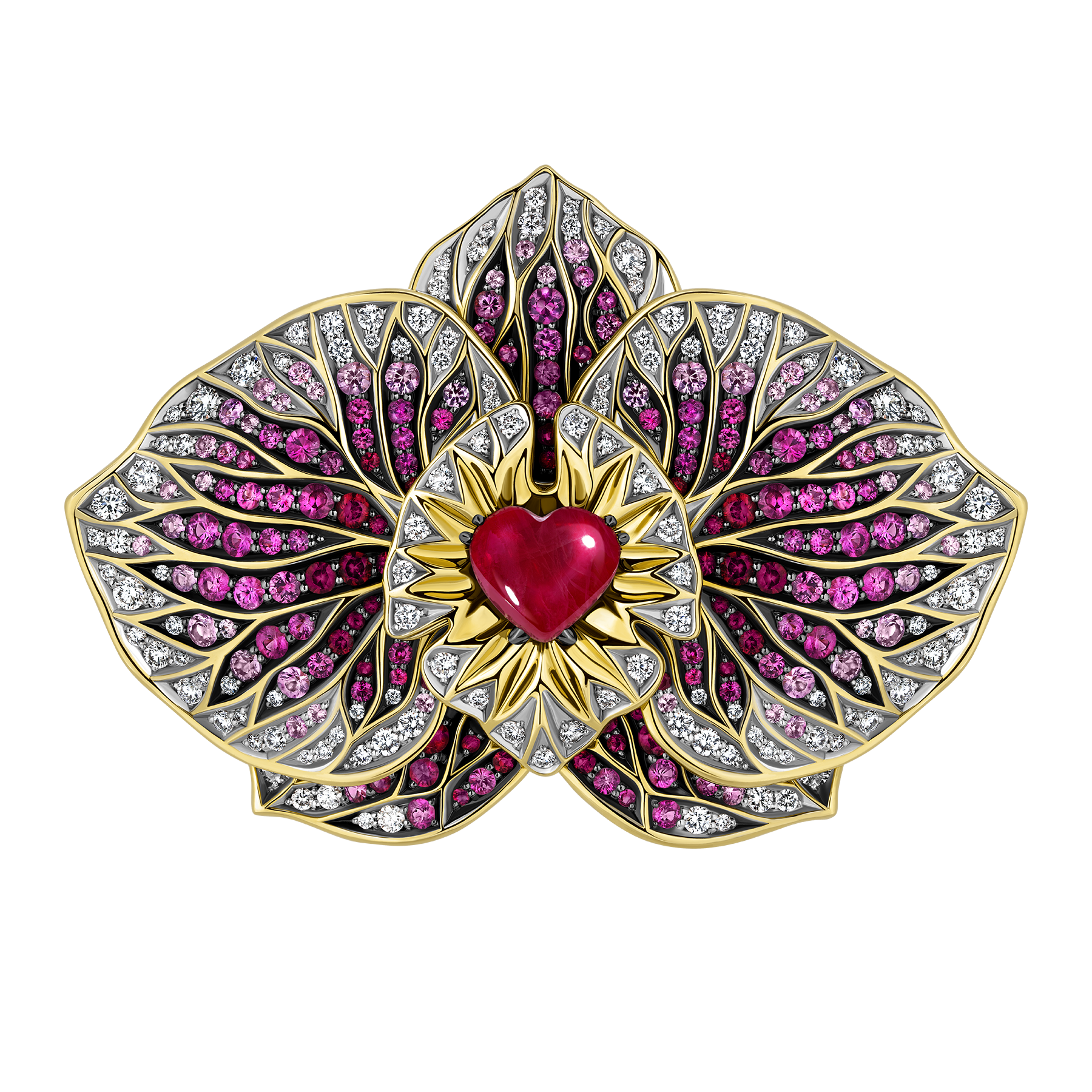 Брошь с рубинами, бриллиантами и розовыми сапфирами, жёлтое золото