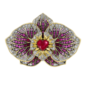 Брошь с рубинами, бриллиантами и розовыми сапфирами, жёлтое золото