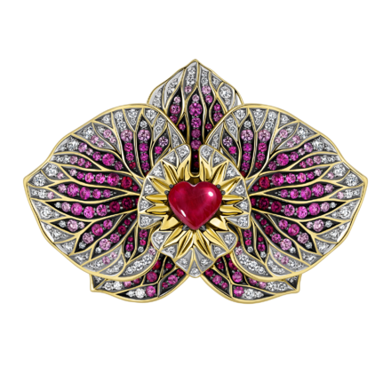 Брошь с рубинами, бриллиантами и розовыми сапфирами, жёлтое золото