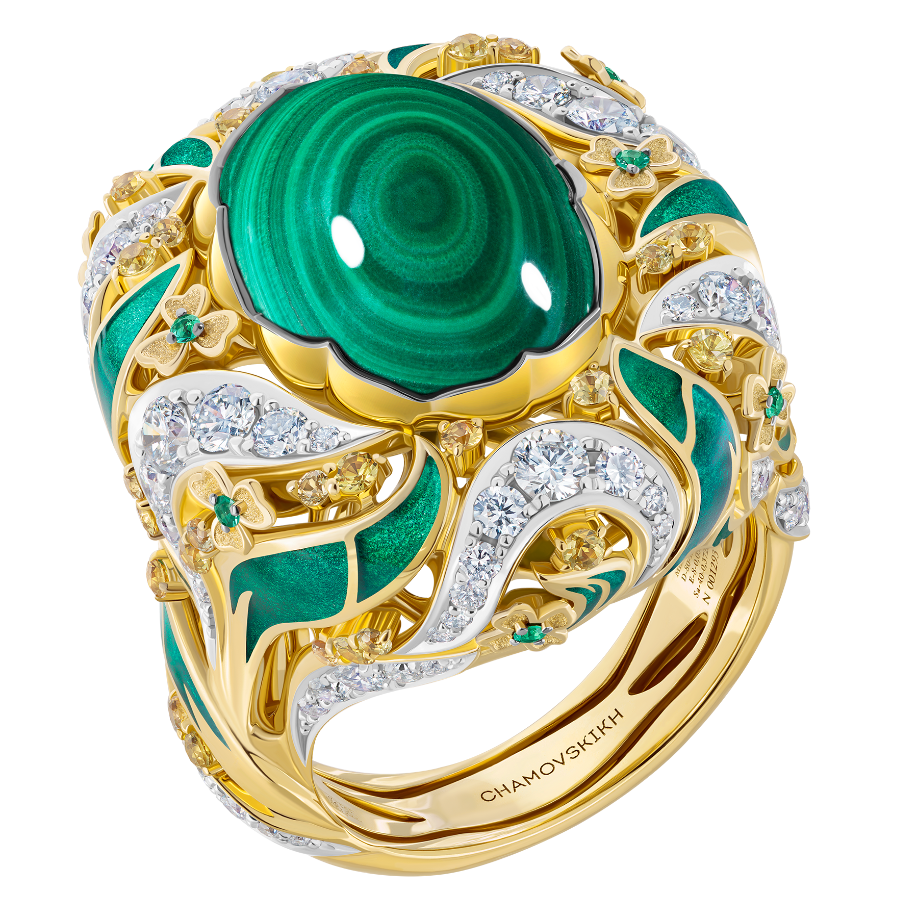 Кольцо с малахитом, бриллиантами, изумрудами и жёлтыми сапфирами, жёлтое золото