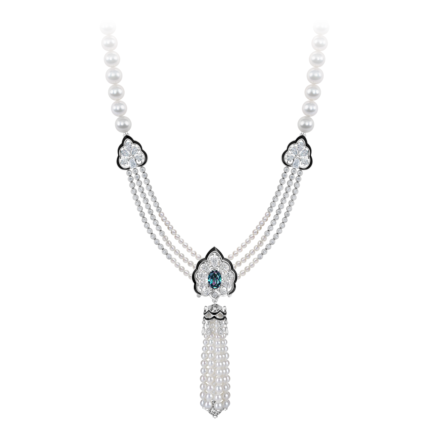 Сет с александритом, бриллиантами и жемчугом, белое золото, н.керамика