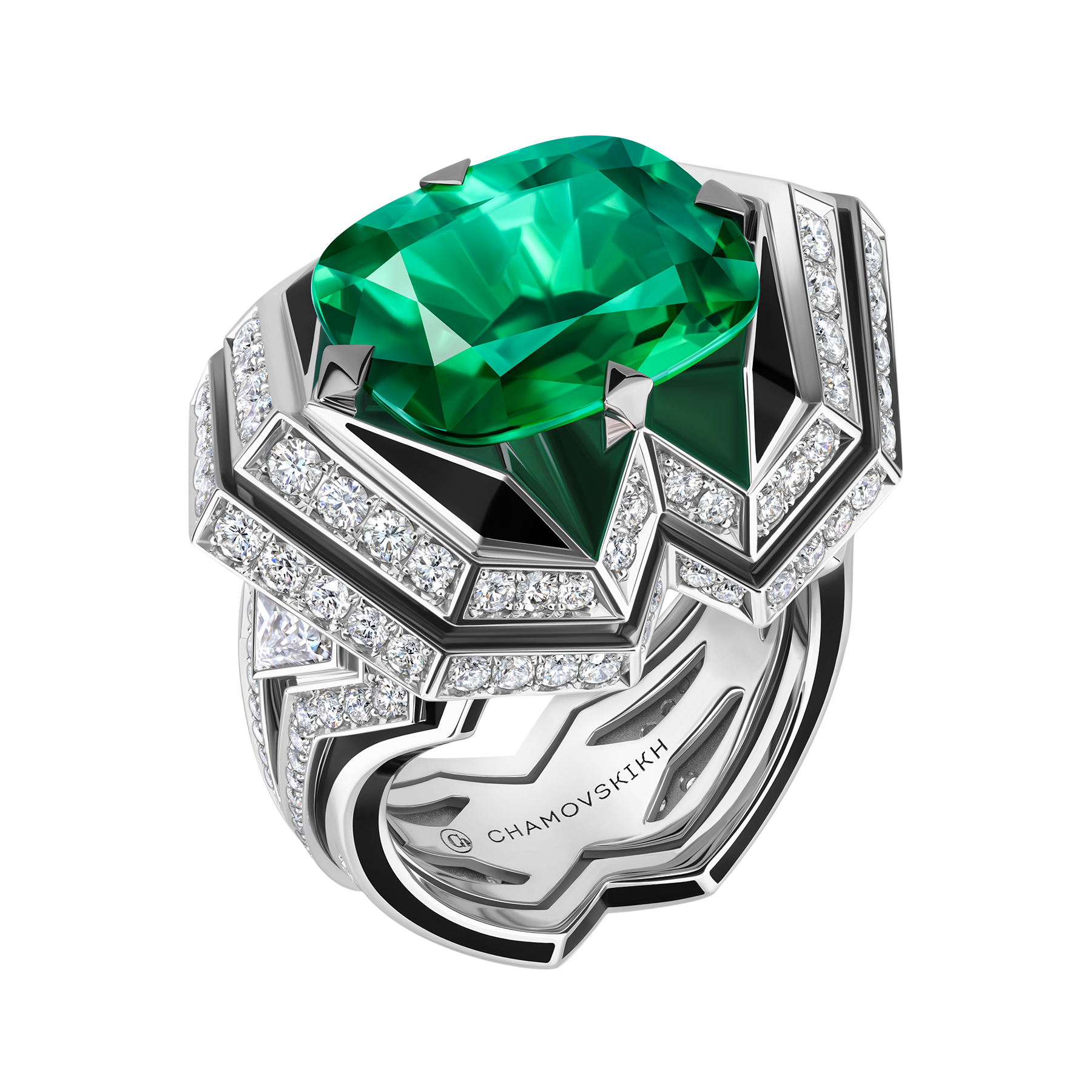 Кольцо с изумрудом и бриллиантами, белое золото, н.керамика