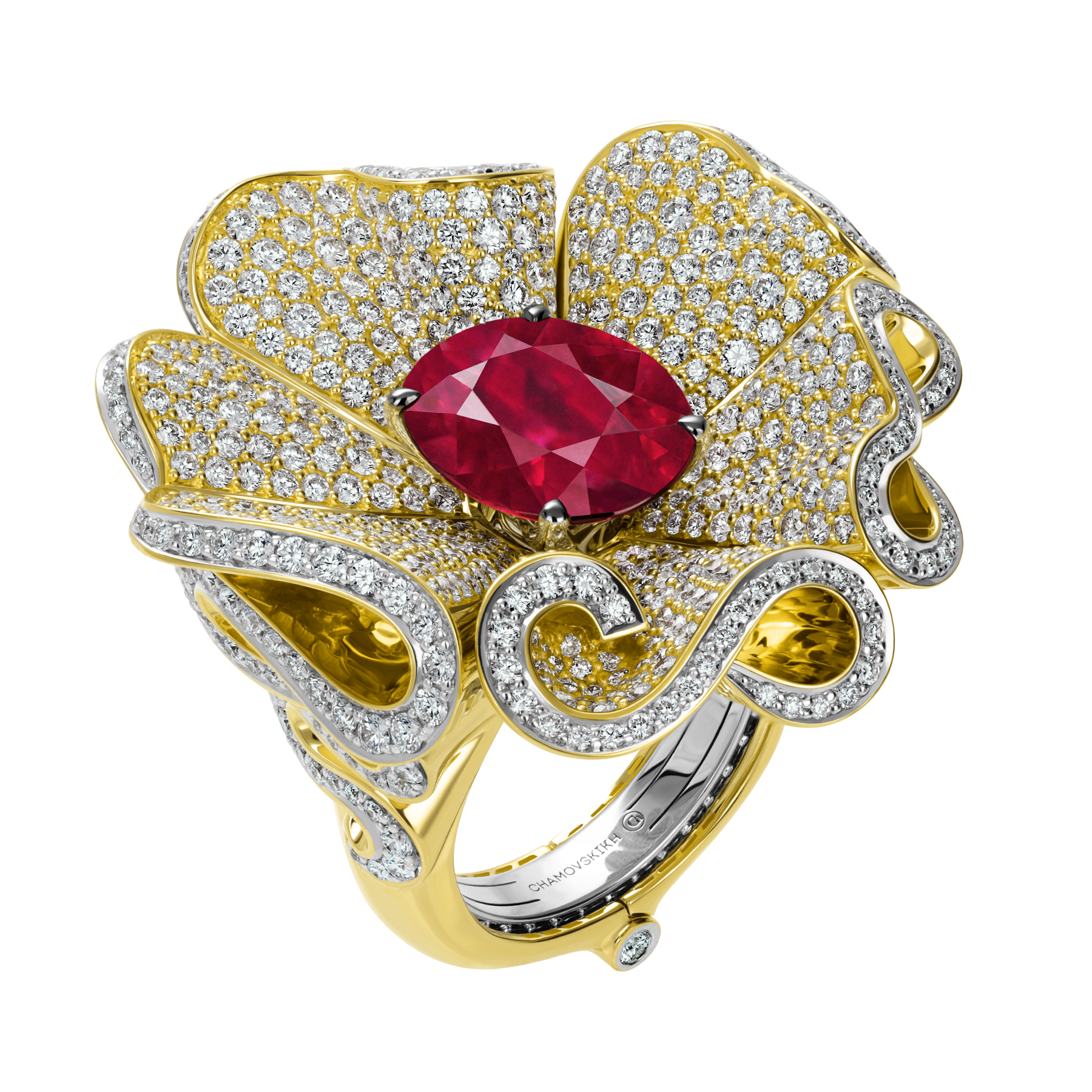 Кольцо с рубином и бриллиантами, жёлтое и белое золото