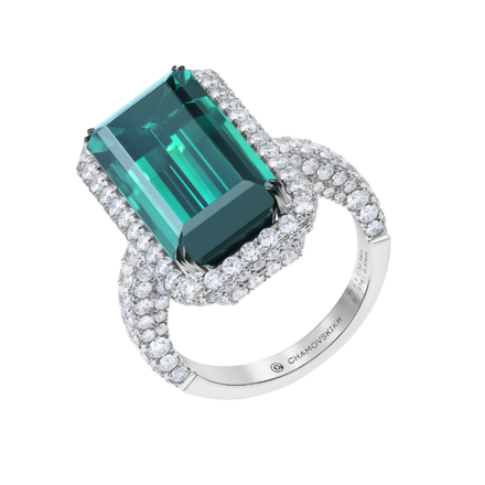 Кольцо с турмалином индиголит и бриллиантами, белое золото