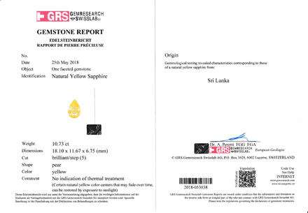 Жёлтый сапфир, SRI LANKA, UNHEATED, Груша, 10,73ct 3