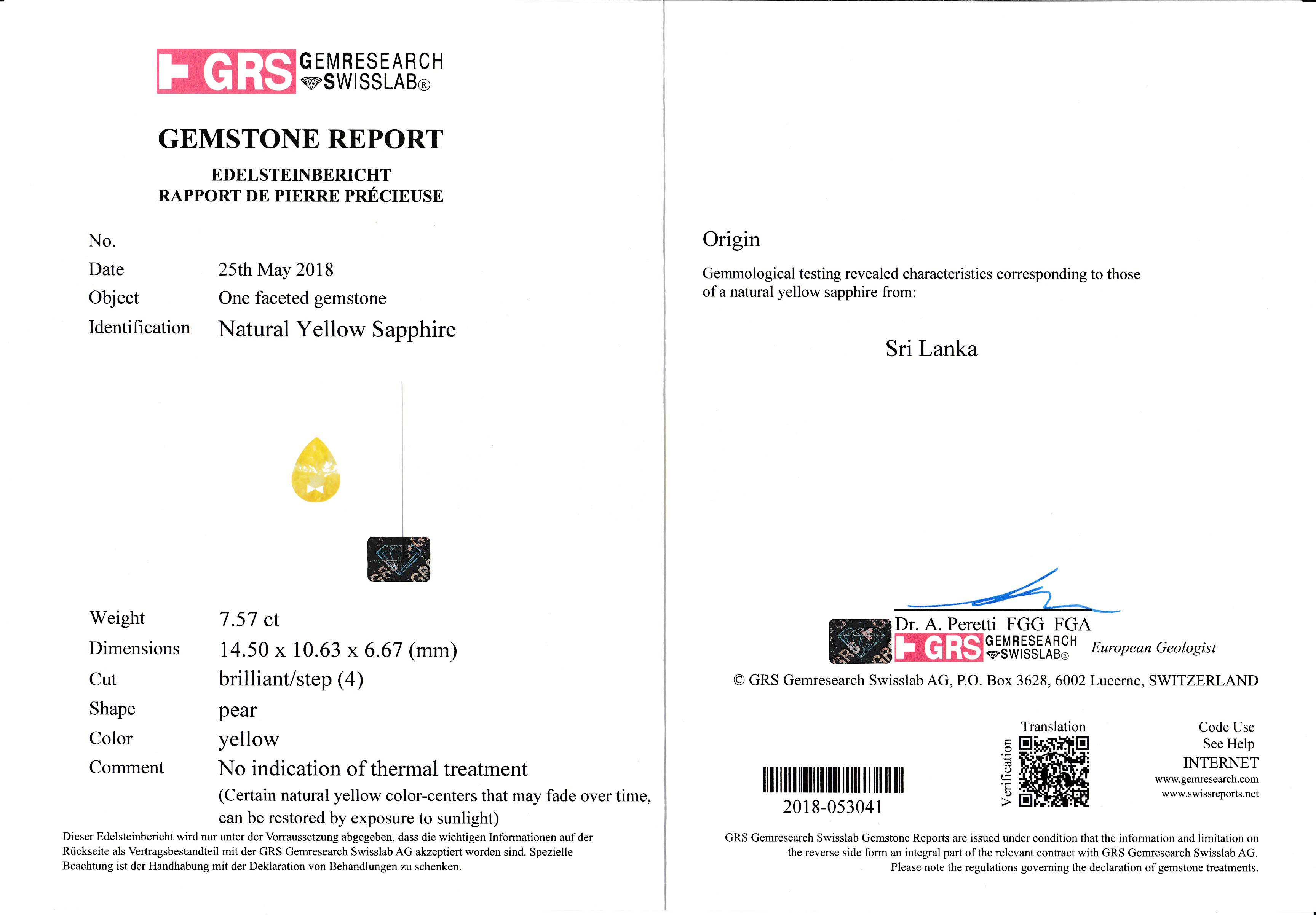 Жёлтый сапфир, SRI LANKA, UNHEATED, Груша, 7,57ct