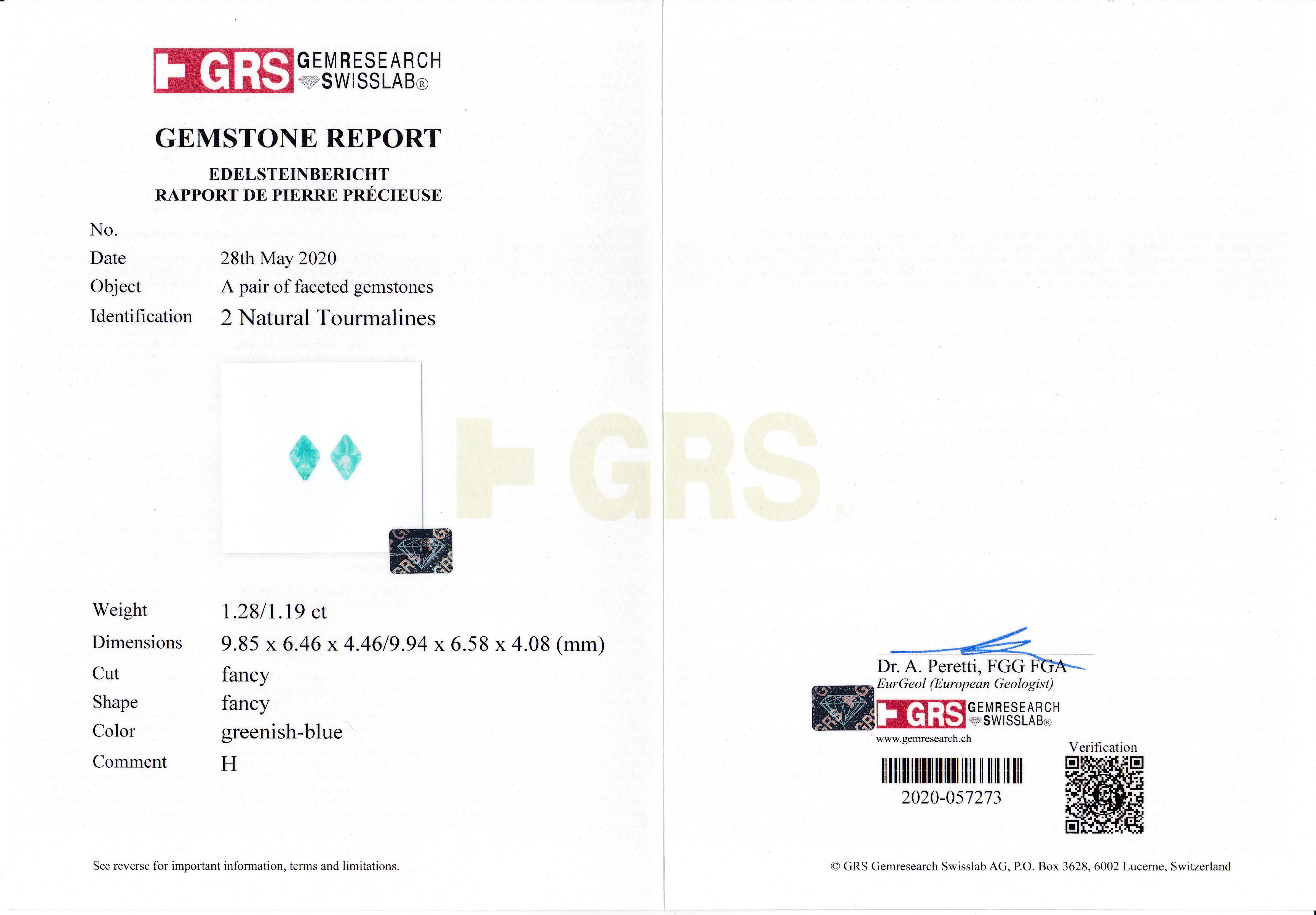 Сет из двух турмалинов, Ромб, 1.28/ 1.19ct