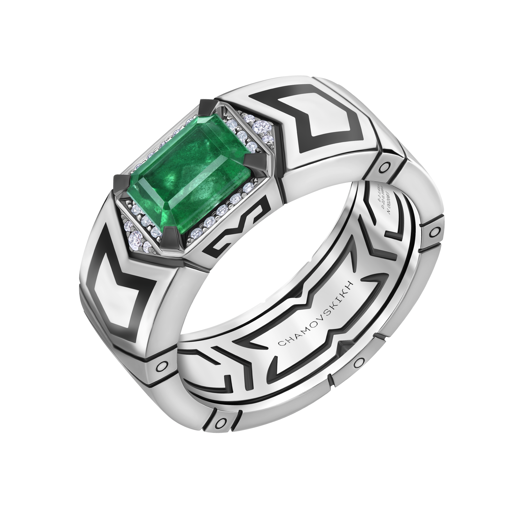 Кольцо с изумрудом и бриллиантами, белое золото, н.керамика
