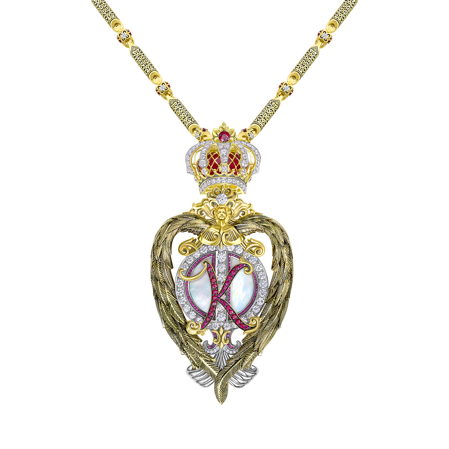 Брошь - подвес с перламутром, бриллиантами и рубинами, жёлтое и белое золото