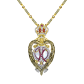 Подвес - брошь с цепью, бриллианты, рубины, перламутр, жёлтое и белое золото, н.керамика