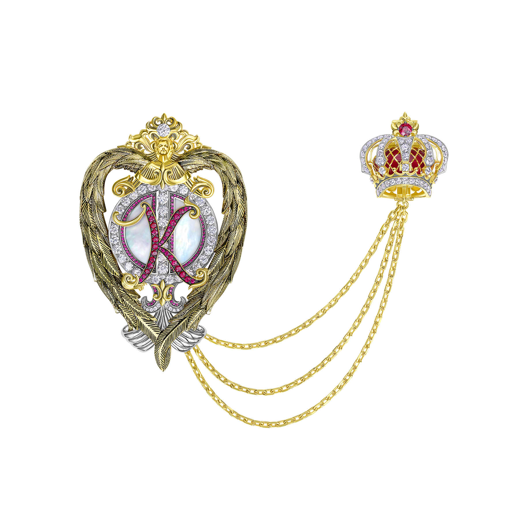Подвес - брошь с цепью, бриллианты, рубины, перламутр, жёлтое и белое золото, н.керамика