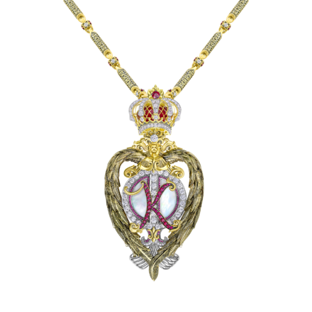 Подвес - брошь с цепью, бриллианты, рубины, перламутр, жёлтое и белое золото, н.керамика