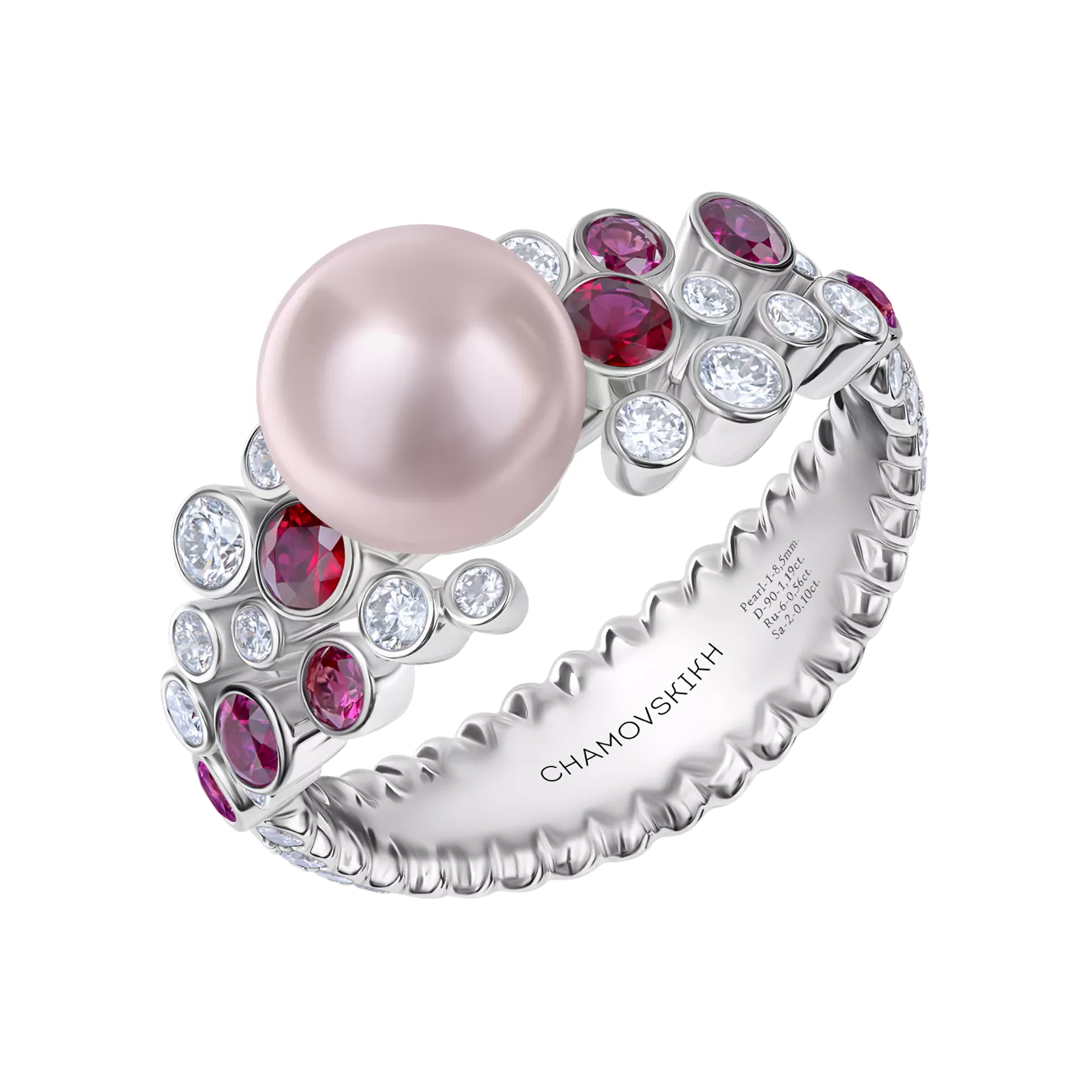 Кольцо с жемчугом, бриллиантами, рубинами и розовыми сапфирами, белое золото
