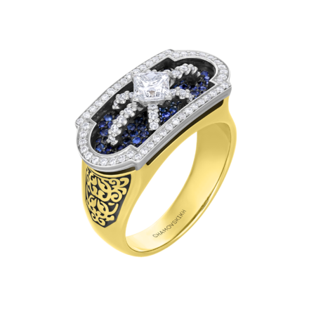 Кольцо с бриллиантами и сапфирами, жёлтое и белое золото