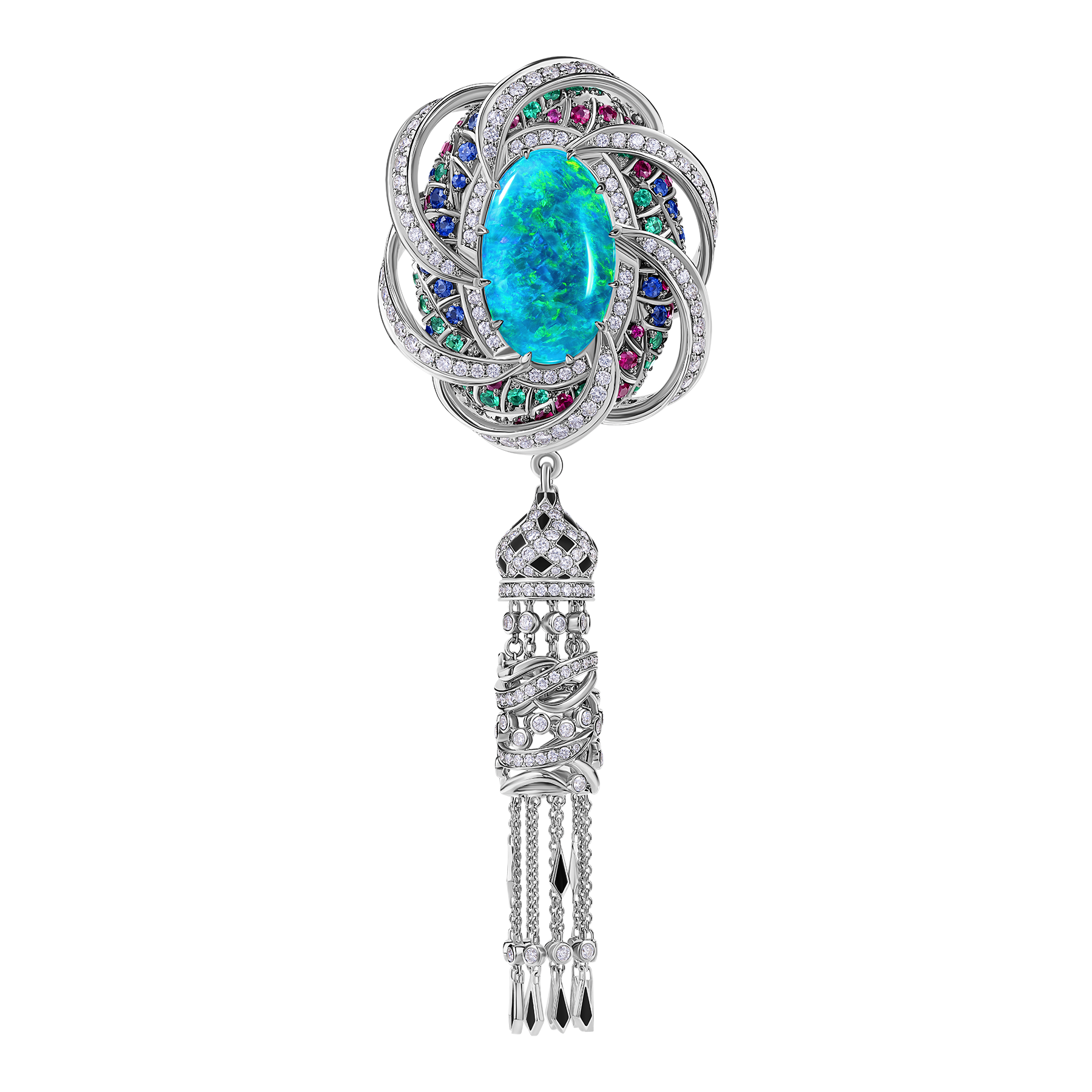 Брошь с опалом, изумрудами, рубинами, сапфирами и бриллиантами, белое золото, н.керамика