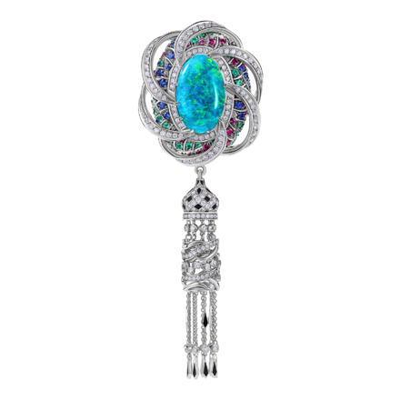 Брошь с опалом, изумрудами, рубинами, сапфирами и бриллиантами, белое золото, н.керамика