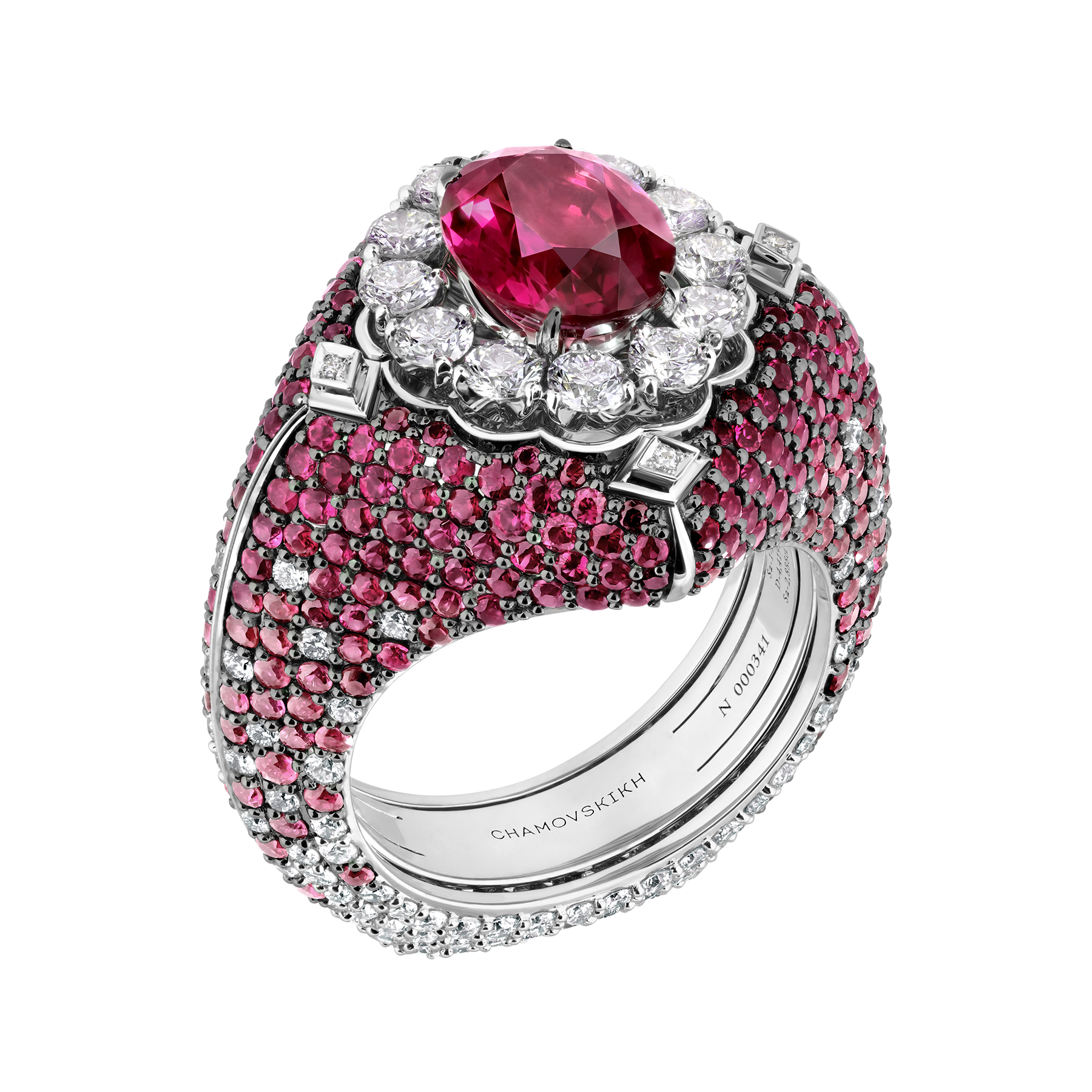 Кольцо с рубеллитом, бриллиантами, розовыми сапфирами и рубинами, белое золото