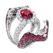 Кольцо с рубеллитом, бриллиантами, розовыми сапфирами и рубинами, белое золото