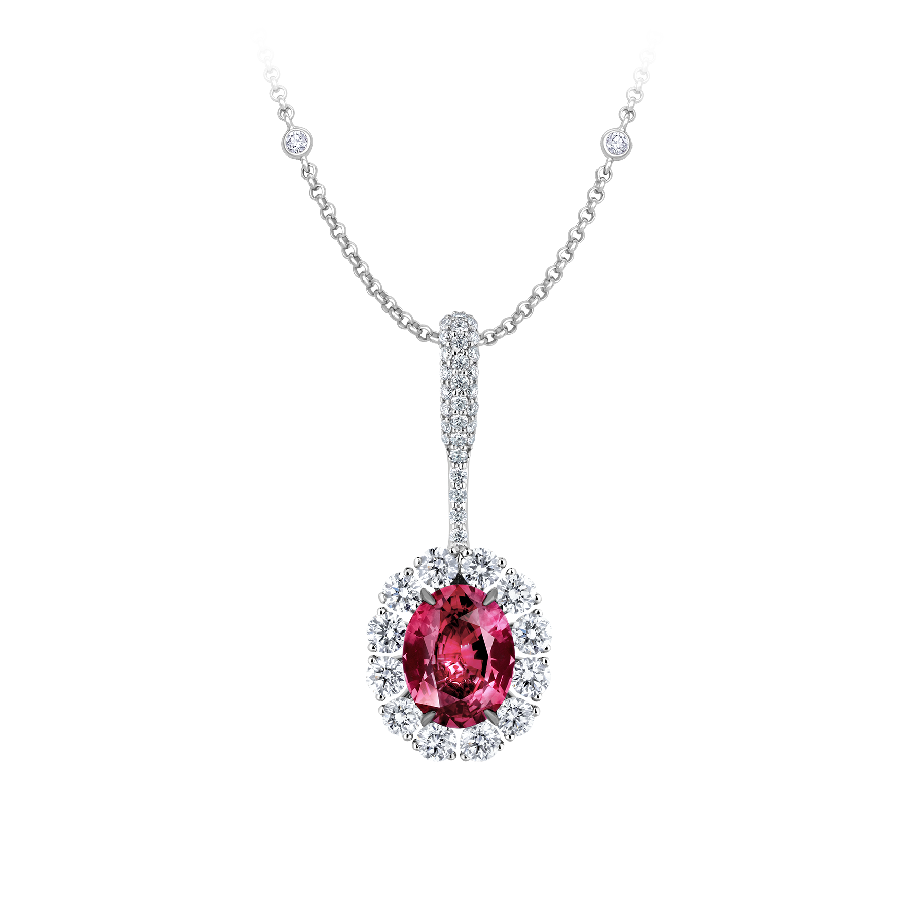 Подвес с турмалином рубеллитом, бриллиантами, рубинами и сапфирами, белое золото