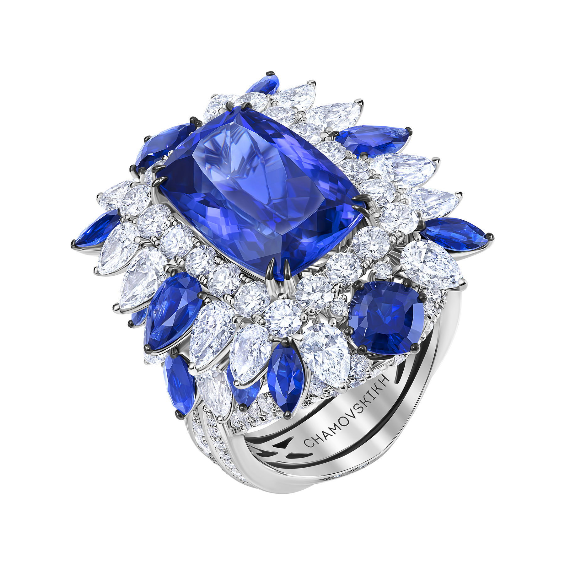 Кольцо с танзанитом, бриллиантами и сапфирами, белое золото