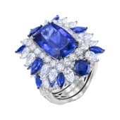 Кольцо с танзанитом, бриллиантами и сапфирами, белое золото