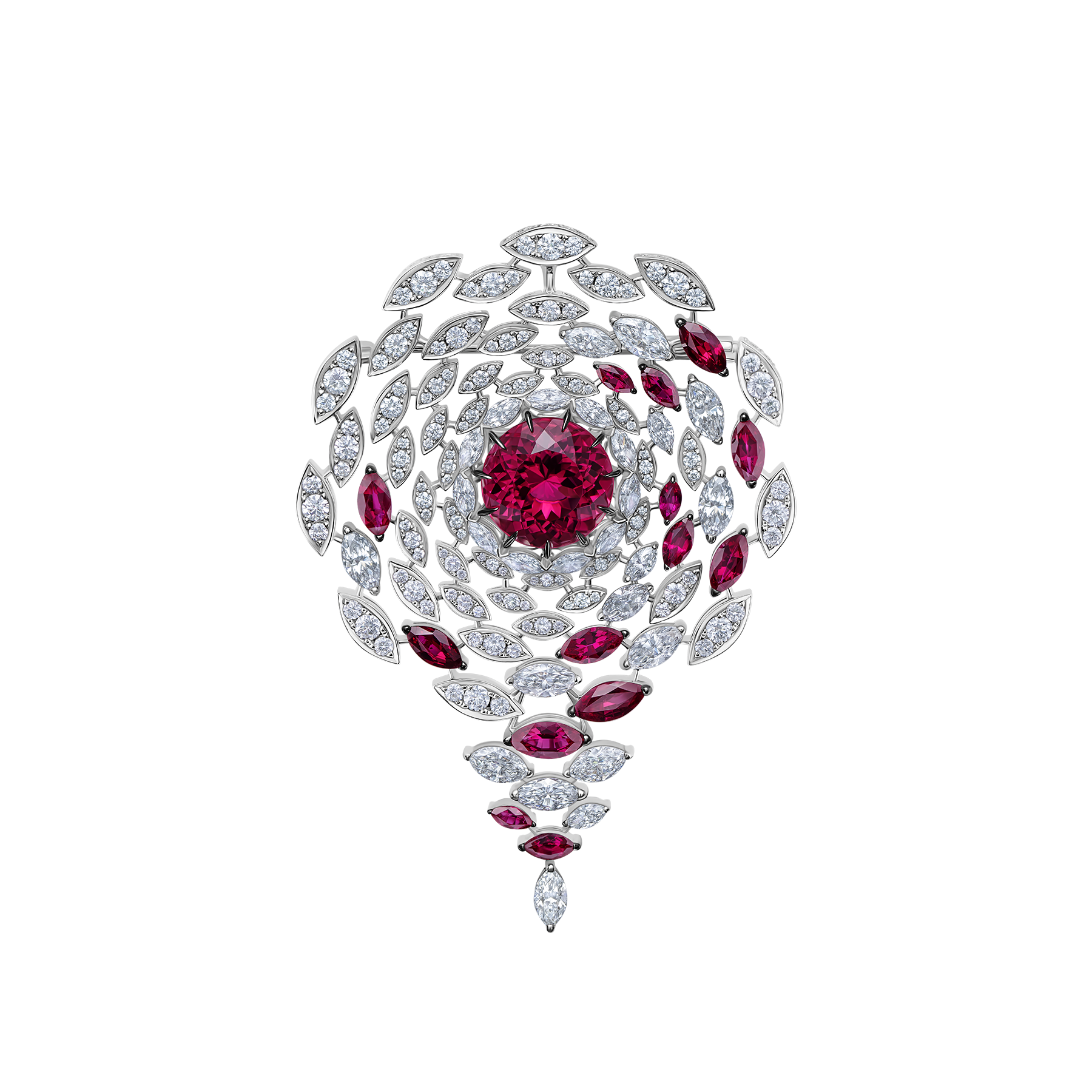 Колье-брошь с турмалином рубеллит, бриллиантами и рубинами, белое золото