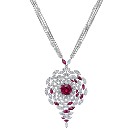 Колье-брошь с турмалином рубеллит, бриллиантами и рубинами, белое золото