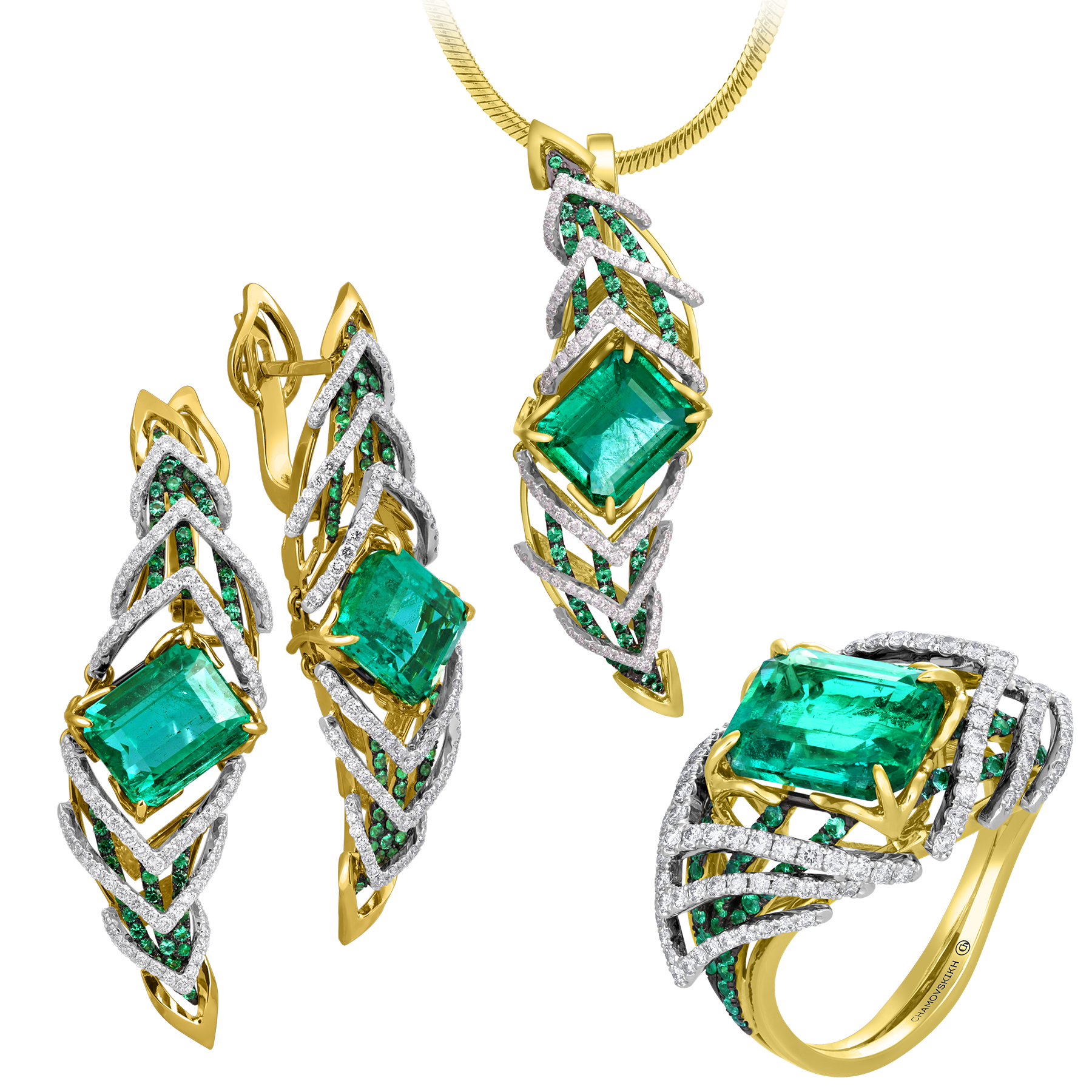 Сет с изумрудами и бриллиантами, желтое и белое золото