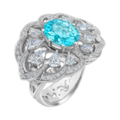 Кольцо с турмалином параиба, бриллиантами и жемчугом, белое золото