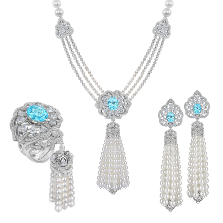 Сет с турмалинами параиба, бриллиантами и жемчугом, белое золото